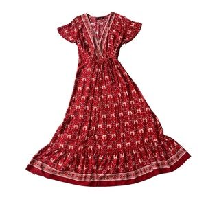 Flowy gypsy hippie maxi red patterned v neck tie around dress